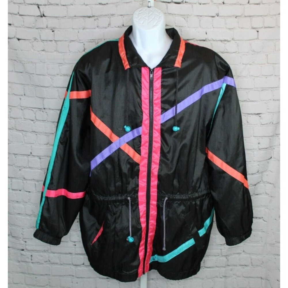 Vtg Flying Colors Windbreaker 80s 90s Retro Size Large Geometric EUC Full Zip